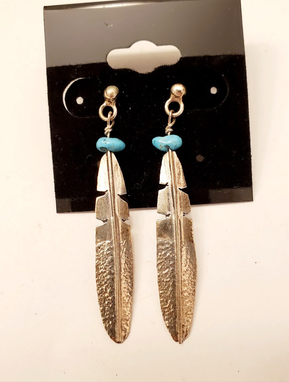 Sterling Silver Feather Drop Earrings with Turquoise Accent, Marked On Post